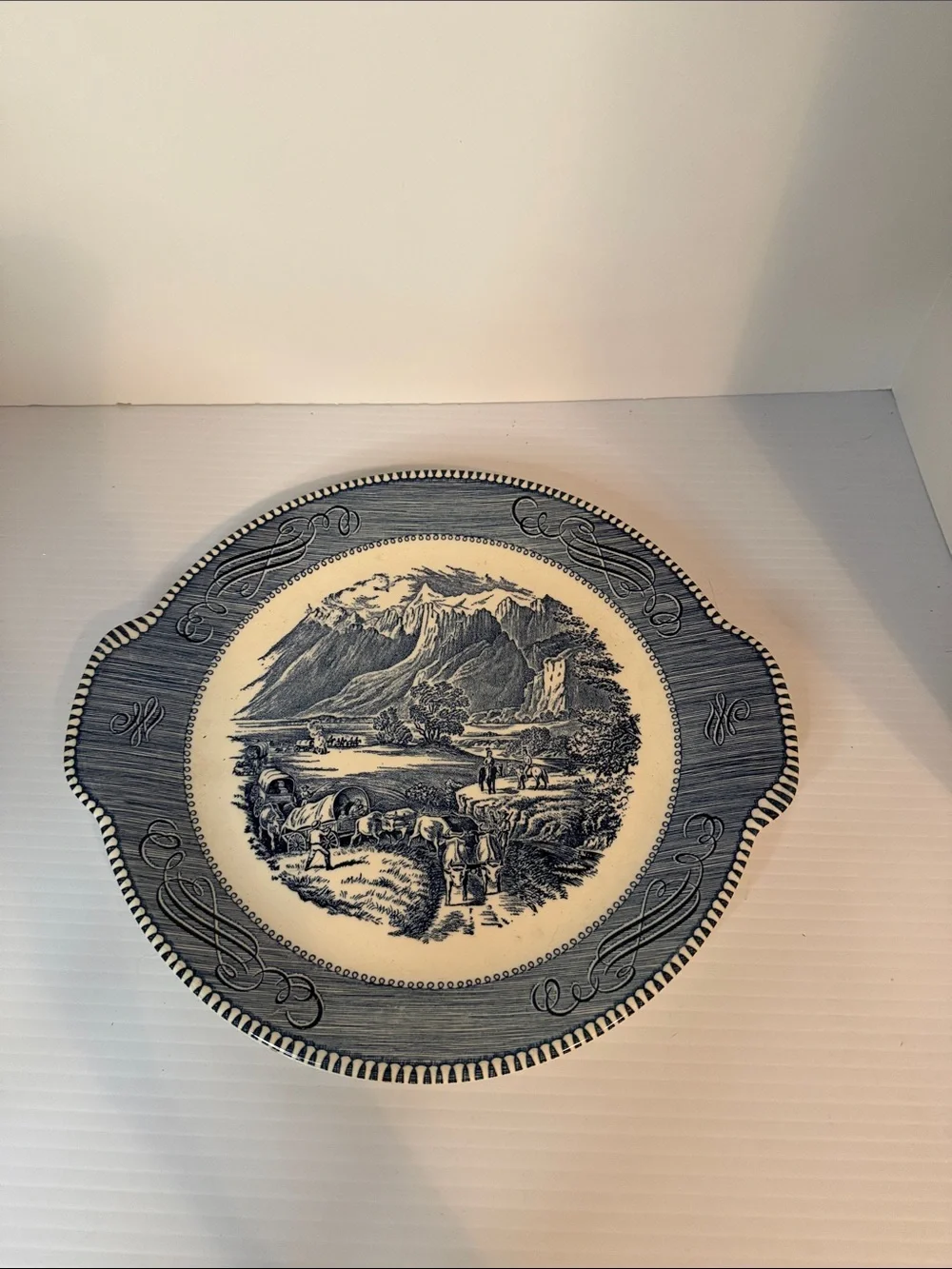 Currier & Ives Blue & White Scenic Ceramic Serving Platter The Rocky Mountains